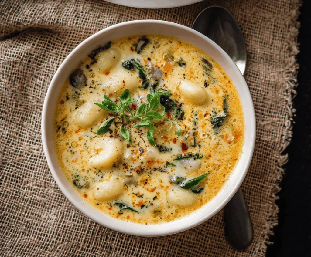 Creamy gnocchi soup in a bowl with fresh herbs and vegetables, featuring tender gnocchi and a rich, velvety broth