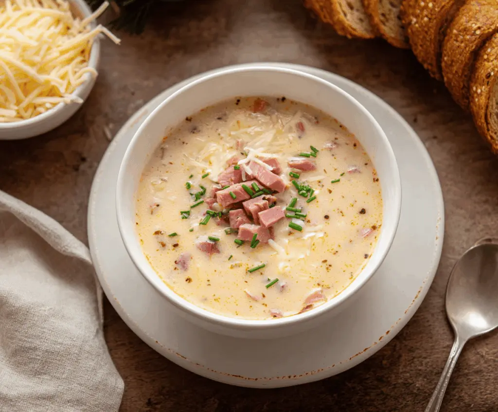 A bowl of creamy Reuben soup garnished with fresh herbs, featuring corned beef, sauerkraut, Swiss cheese, and rye croutons on top, served in a rustic white bowl.