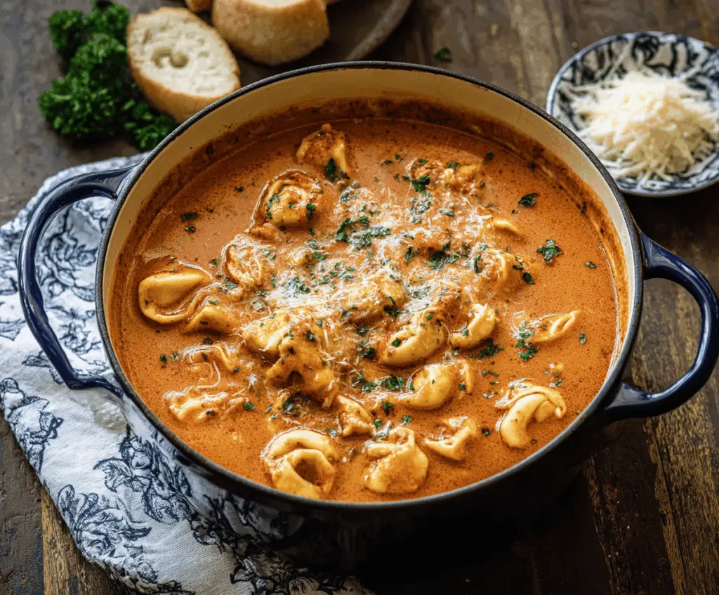 Creamy Tortellini Lasagna Soup in a bowl with cheese, herbs, and vegetables, perfect for a comforting Italian-inspired meal
