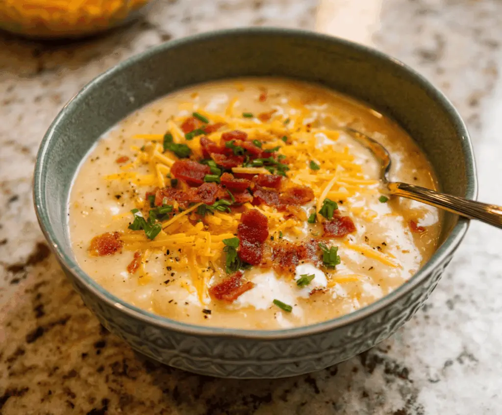 Creamy Crock Pot Crack Potato Soup in a bowl with chopped green onions and crispy bacon on top, ready to serve.