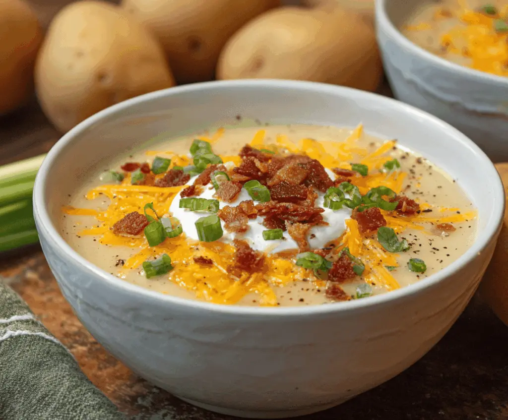 Creamy Crockpot Potato Soup in a bowl garnished with fresh herbs and served alongside rustic bread