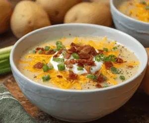 Creamy Crockpot Potato Soup in a bowl garnished with fresh herbs and served alongside rustic bread