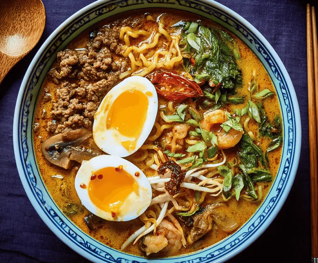 A steaming bowl of Curry Ramen Soup with noodles, tender chicken, boiled eggs, and fresh vegetables in a flavorful curry broth.