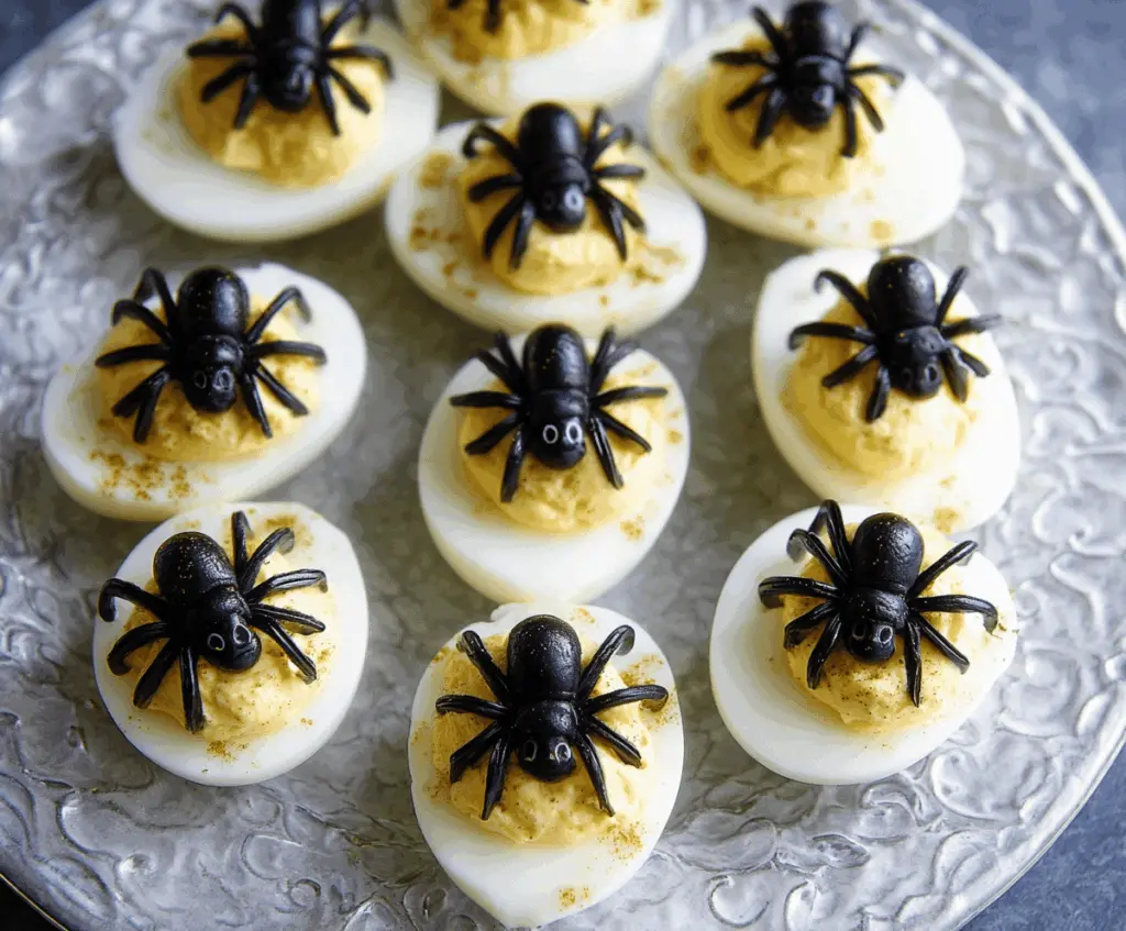 Decorative deviled egg spiders with olive eyes and pretzel legs for a spooky Halloween appetizer.