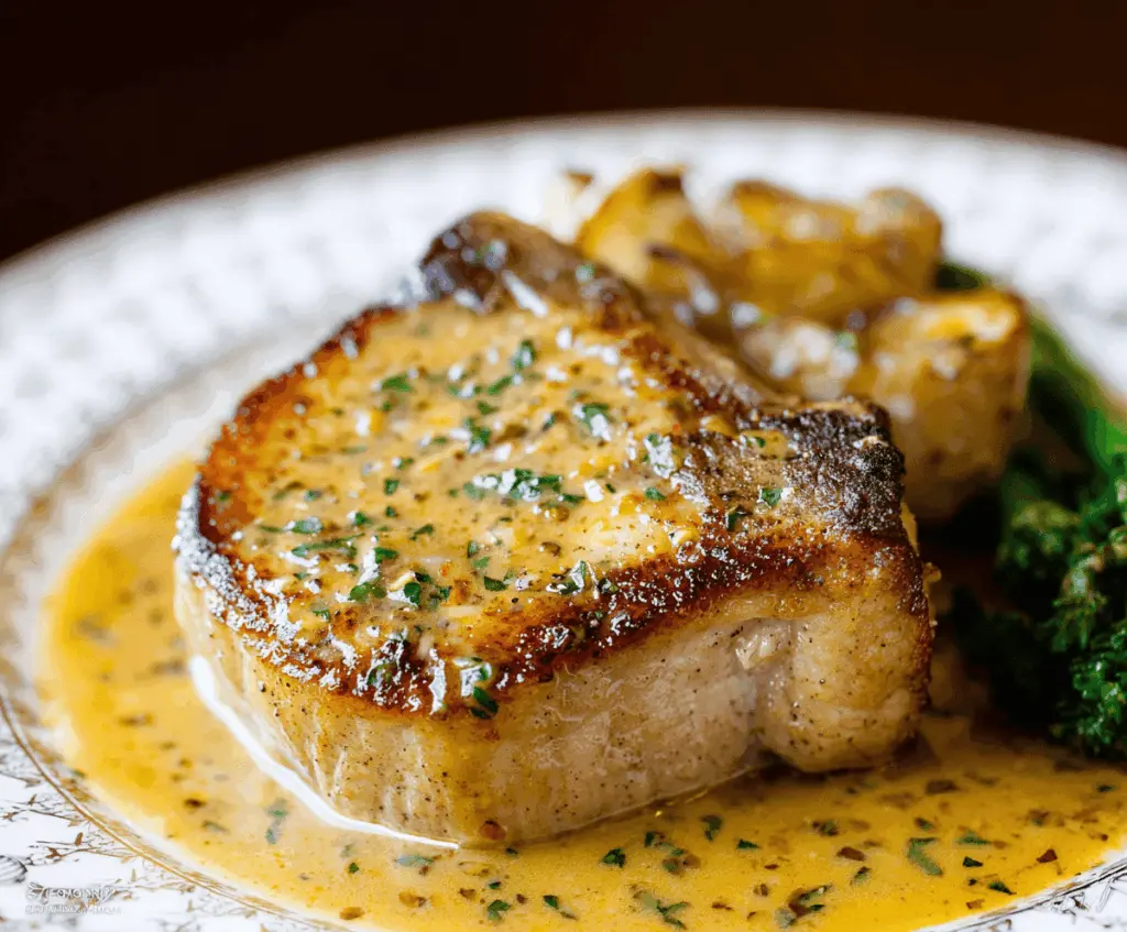 Juicy Dijon Pork Chops served with fresh herbs and roasted vegetables on a plate, perfect for a flavorful dinner.