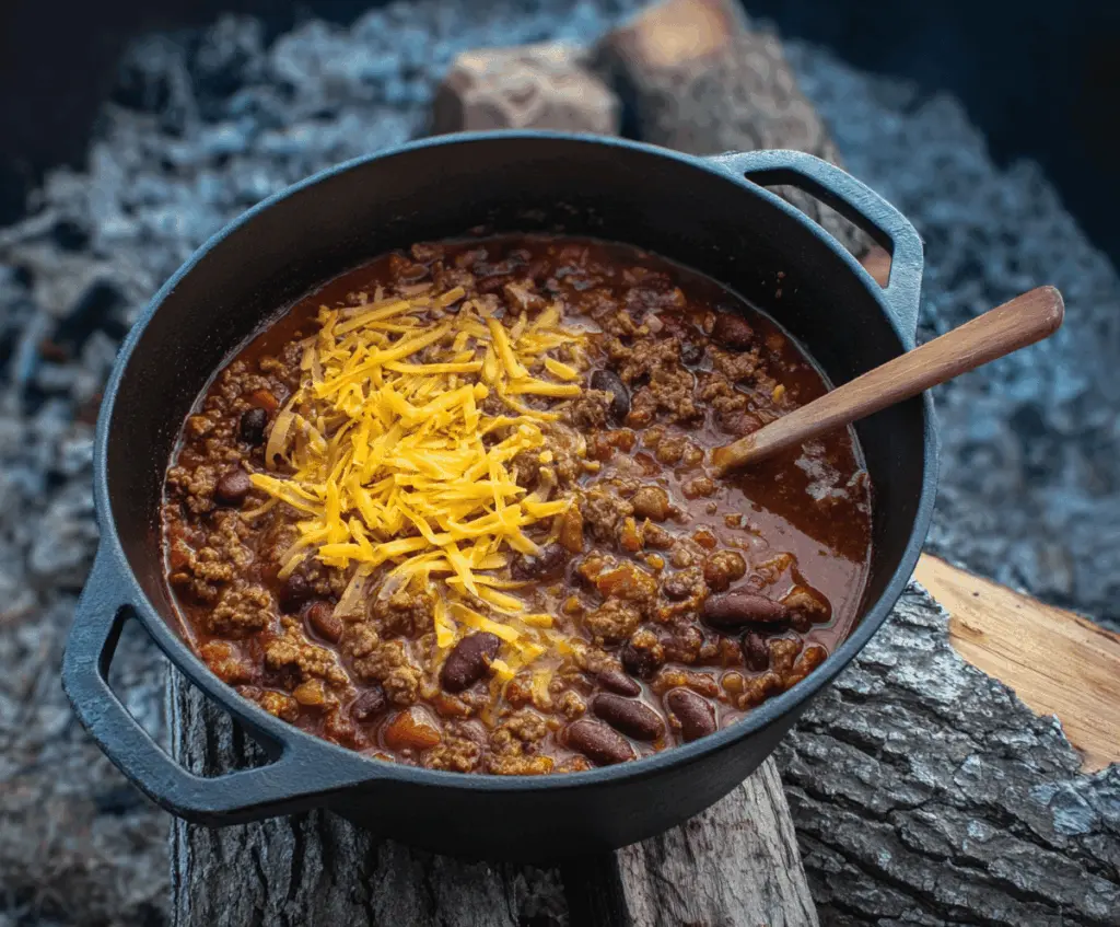 A steaming bowl of hearty Dutch Oven Chili topped with shredded cheese and fresh herbs, served in a rustic bowl on a wooden table.