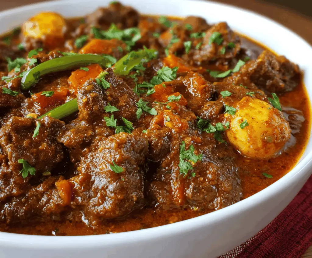 Delicious Ethiopian Beef Stew served with injera, featuring tender beef chunks cooked with aromatic spices and vibrant vegetables