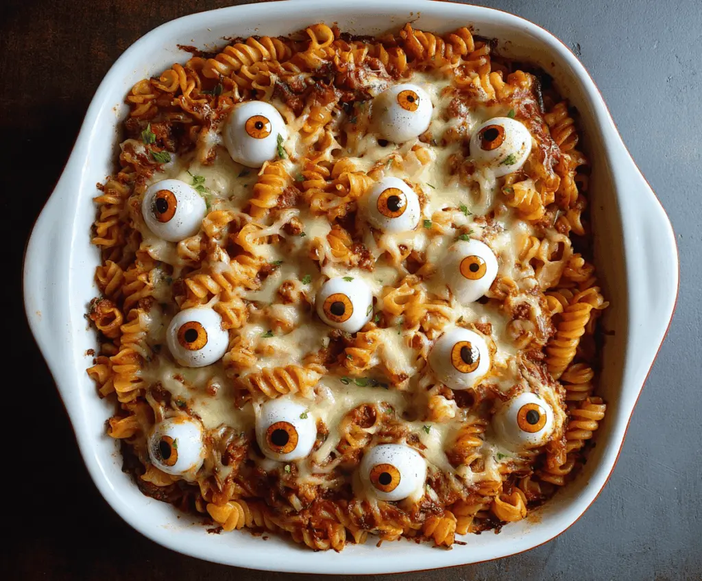A spooky Eyeball Pasta Bake featuring pasta topped with meatball "eyeballs" garnished with herbs, perfect for Halloween-themed dinners.