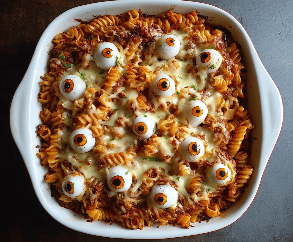 A spooky Eyeball Pasta Bake featuring pasta topped with meatball "eyeballs" garnished with herbs, perfect for Halloween-themed dinners.