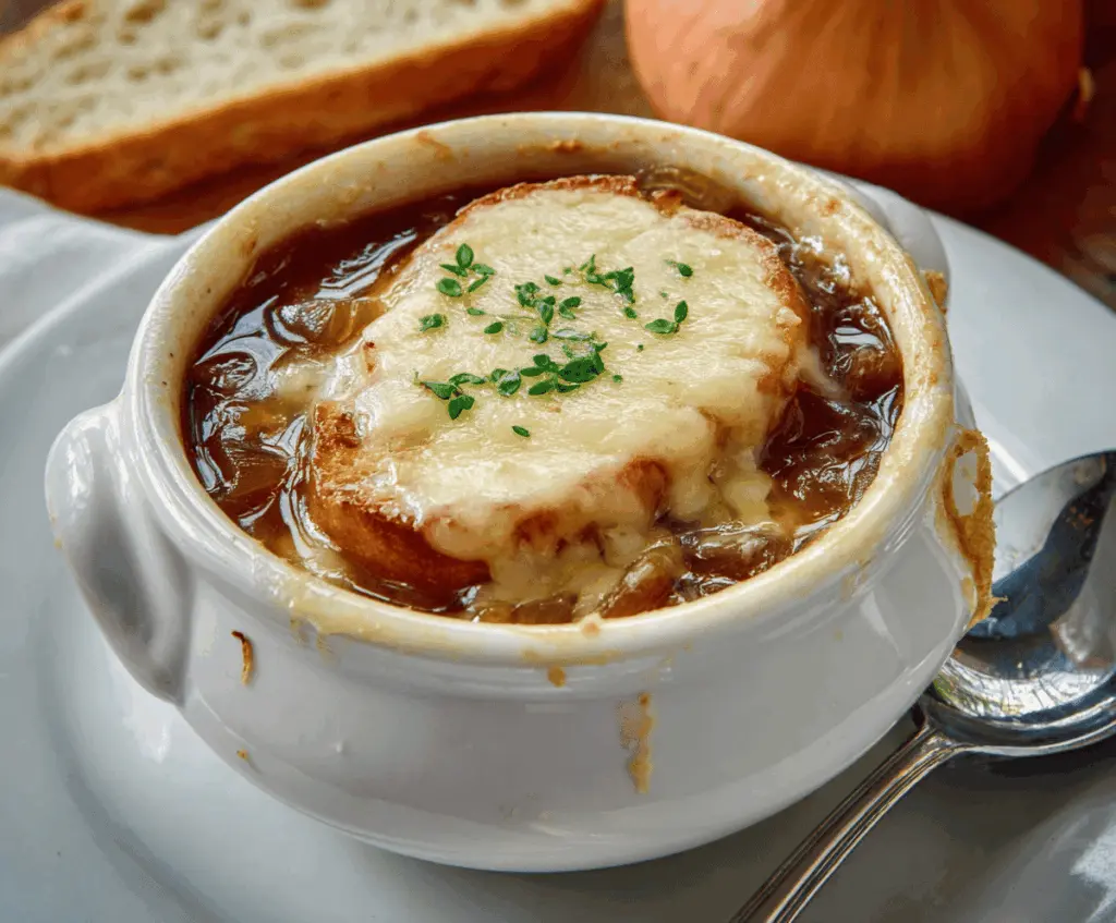 A bowl of classic French Onion Soup topped with melted cheese and toasted bread, garnished with fresh herbs, served in a rustic ceramic bowl.