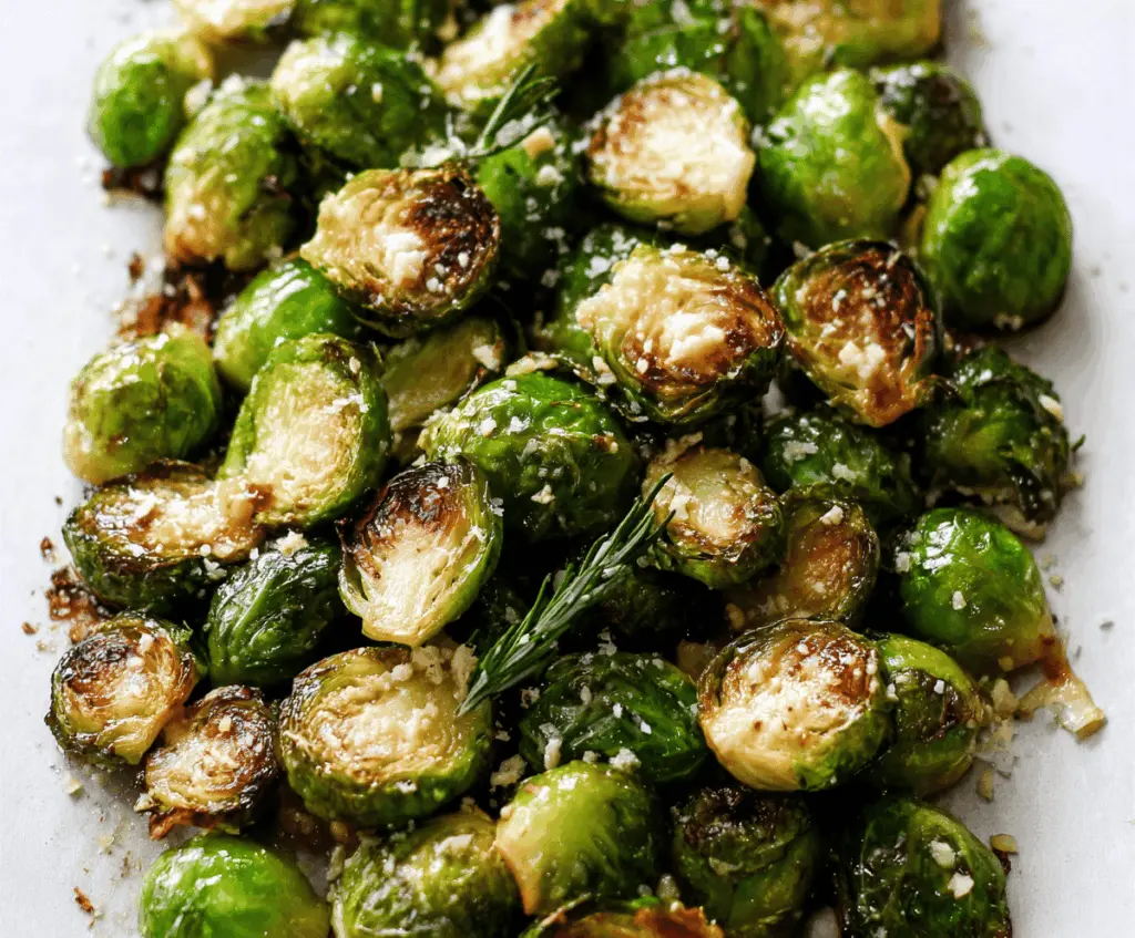 Roasted Brussels sprouts coated in garlic butter with crispy edges and fresh herbs on a white plate