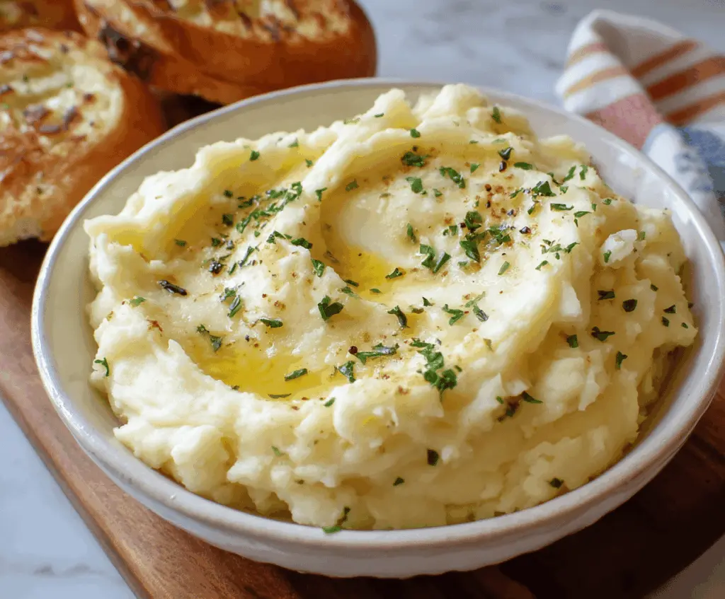 Creamy garlic mashed potatoes served in a rustic bowl, garnished with fresh herbs for a comforting side dish.