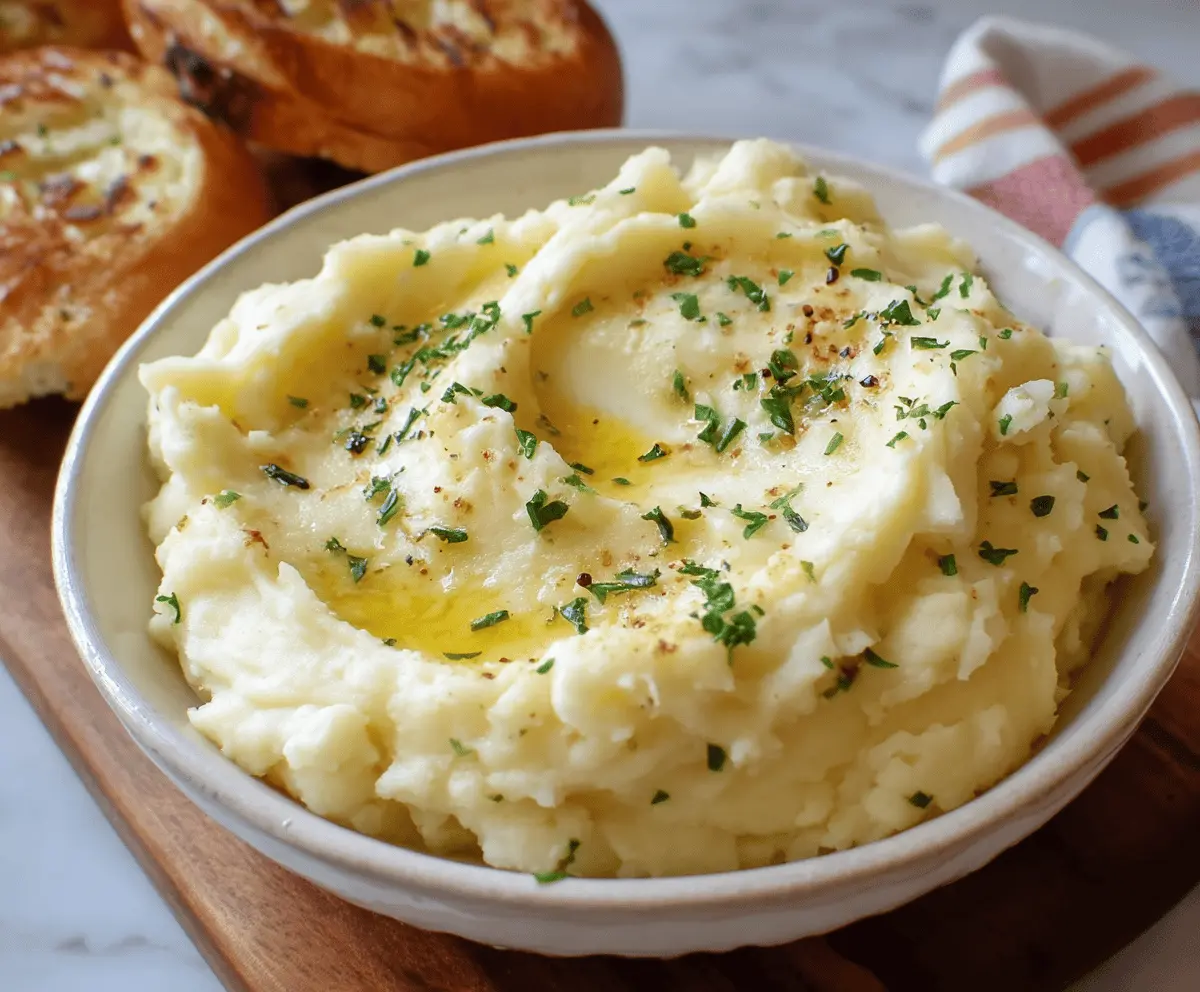 Creamy garlic mashed potatoes served in a rustic bowl, garnished with fresh herbs for a comforting side dish.