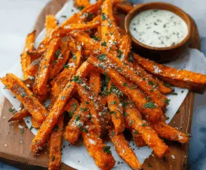 Golden garlic sweet potato fries served with fresh herbs on a rustic plate, perfect for a healthy snack or side dish.