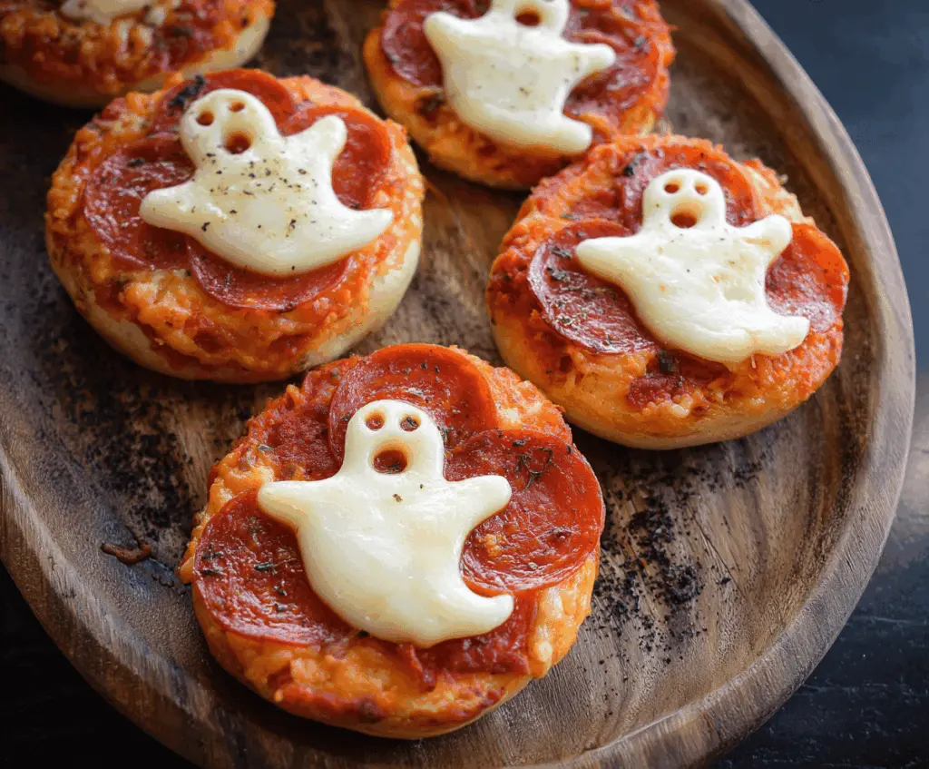 A spooky Halloween-inspired Ghost Pizza Bagel topped with melted cheese, black olive eyes, and a crispy crust on a wooden serving board.
