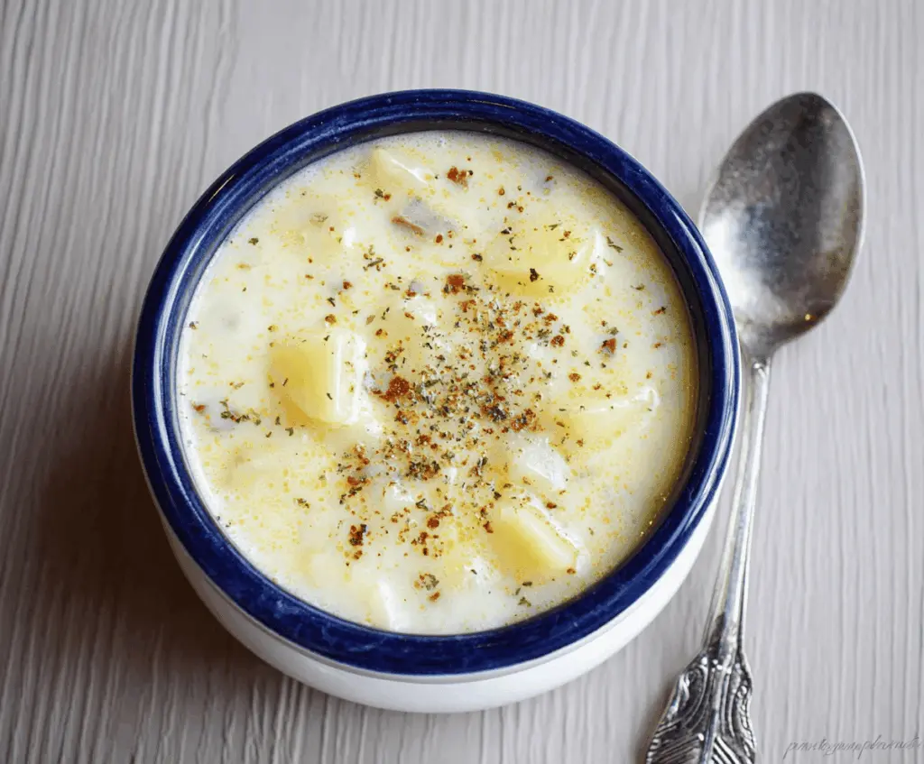 Creamy Grandma's Potato Soup in a bowl with chopped herbs, served with fresh bread on a rustic wooden table.