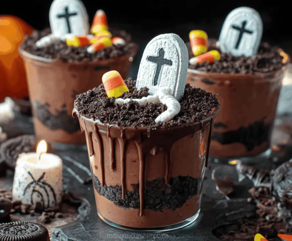 Delicious Graveyard Chocolate Pudding Cups with spooky Halloween decorations and gummy worms for a festive treat