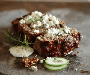 Delicious homemade Greek meatloaf topped with fresh herbs and served with lemon wedges on a rustic plate