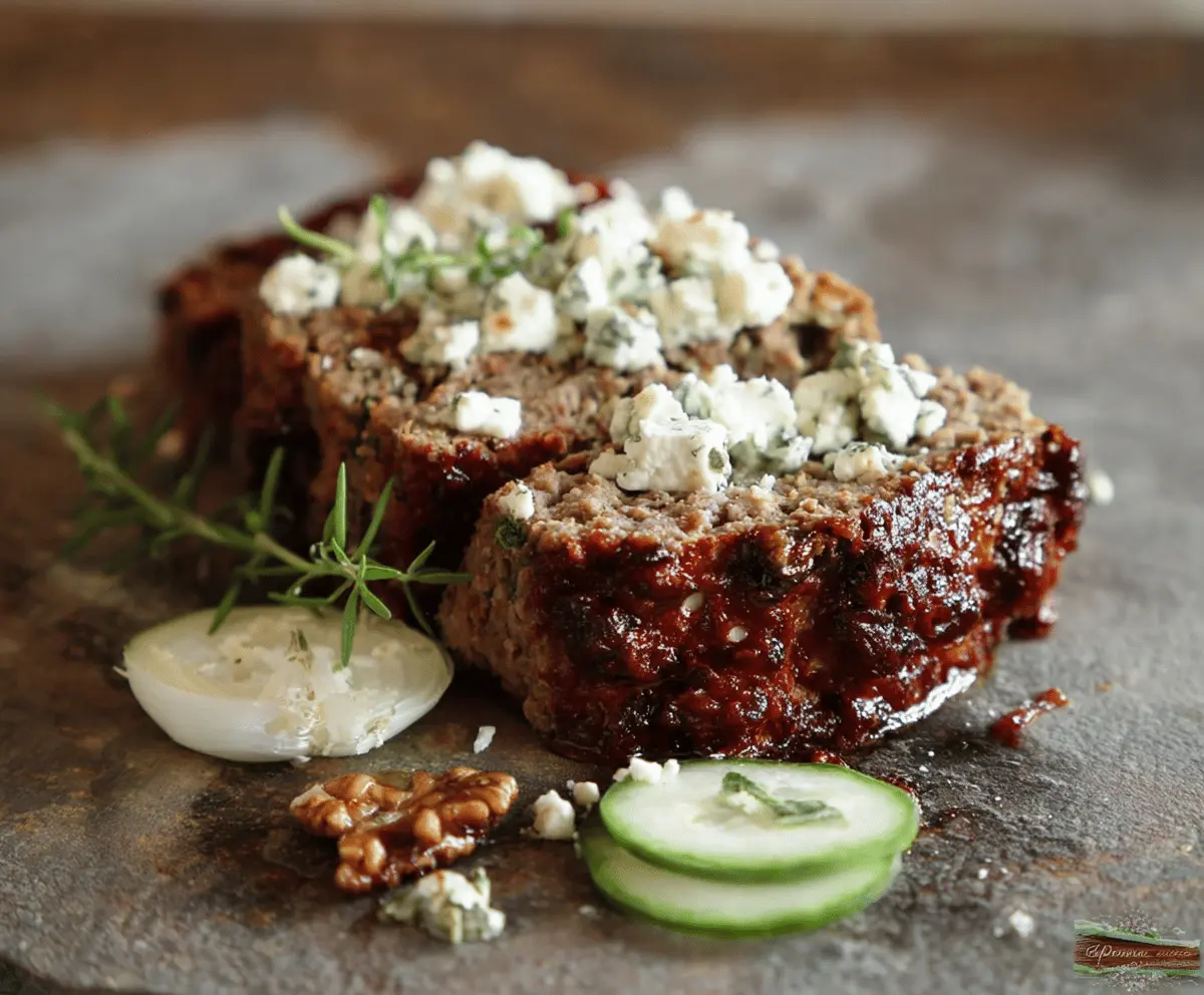 Delicious homemade Greek meatloaf topped with fresh herbs and served with lemon wedges on a rustic plate