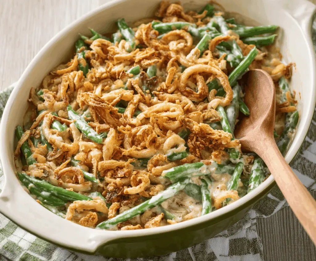 Delicious green bean casserole topped with crispy fried onions, served in a white dish perfect for holiday dinners