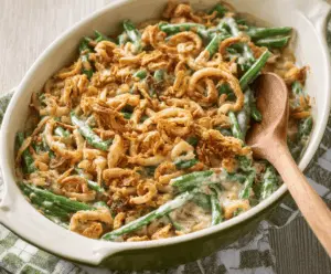 Delicious green bean casserole topped with crispy fried onions, served in a white dish perfect for holiday dinners