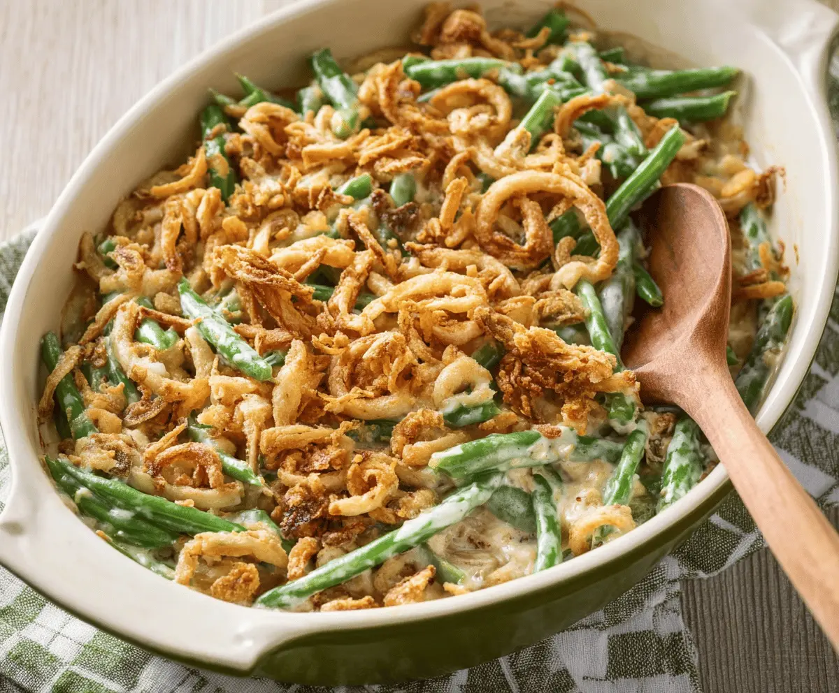 Delicious green bean casserole topped with crispy fried onions, served in a white dish perfect for holiday dinners