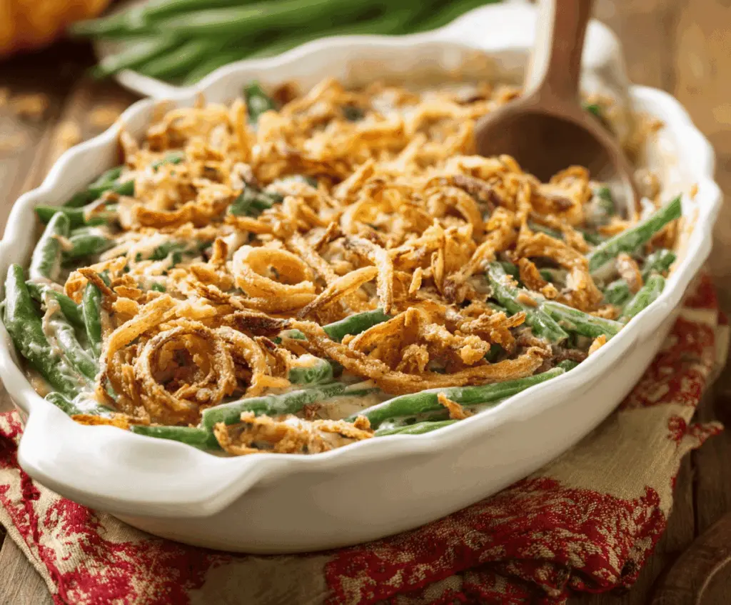 Creamy green bean casserole topped with crispy fried onions, served in a baking dish, perfect for holiday dinners and family gatherings.