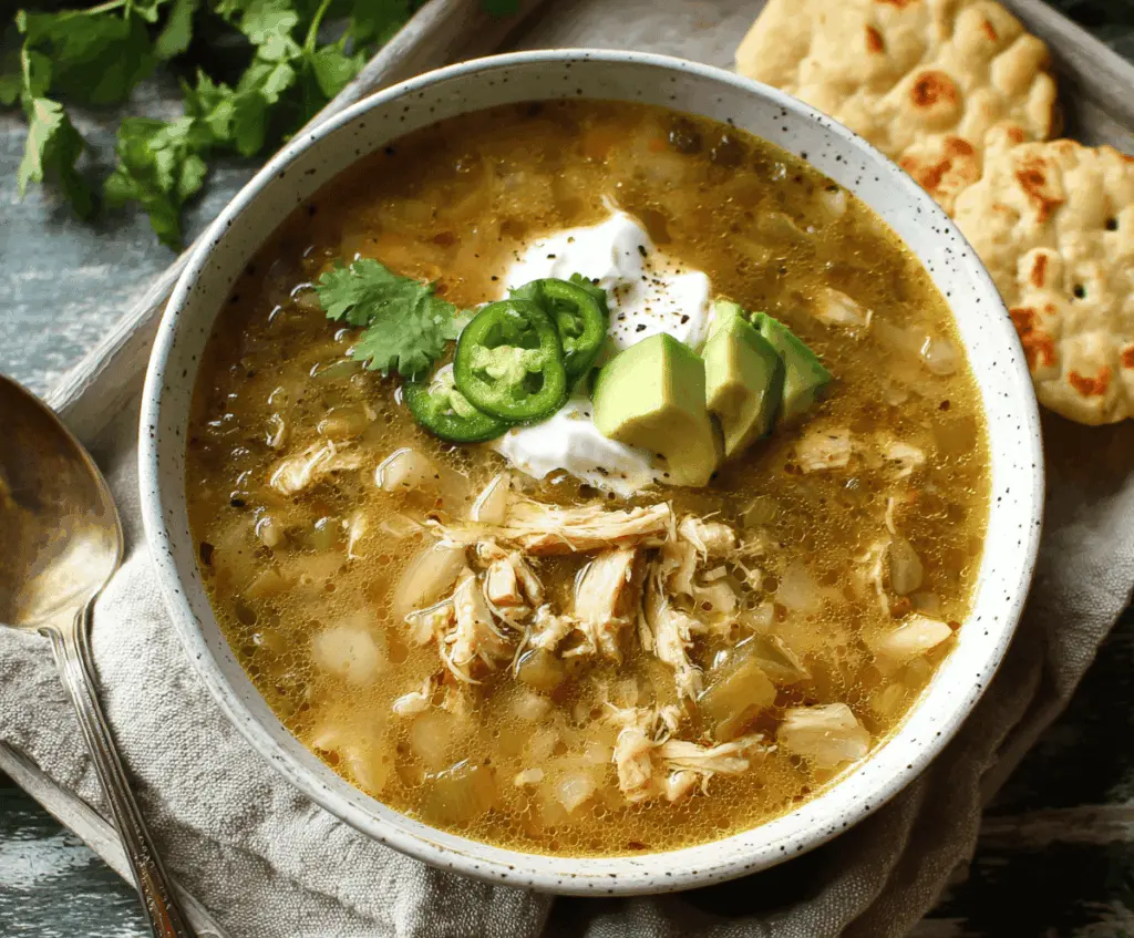 A bowl of flavorful Green Chile Chicken Soup garnished with fresh herbs and served with tortilla chips, showcasing vibrant green chilies and tender chicken in a savory broth.