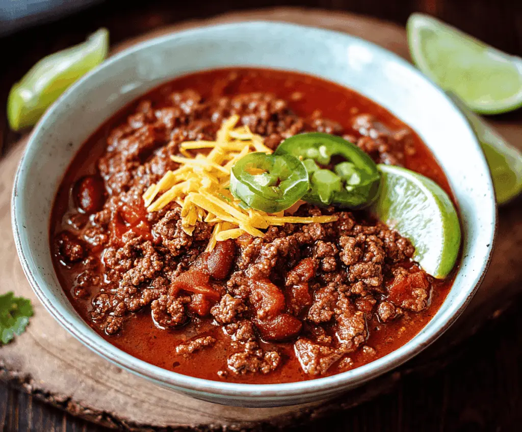 A bowl of hearty ground beef chili topped with shredded cheese, fresh cilantro, and diced onions, served with a side of crusty bread.