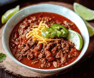 A bowl of hearty ground beef chili topped with shredded cheese, fresh cilantro, and diced onions, served with a side of crusty bread.