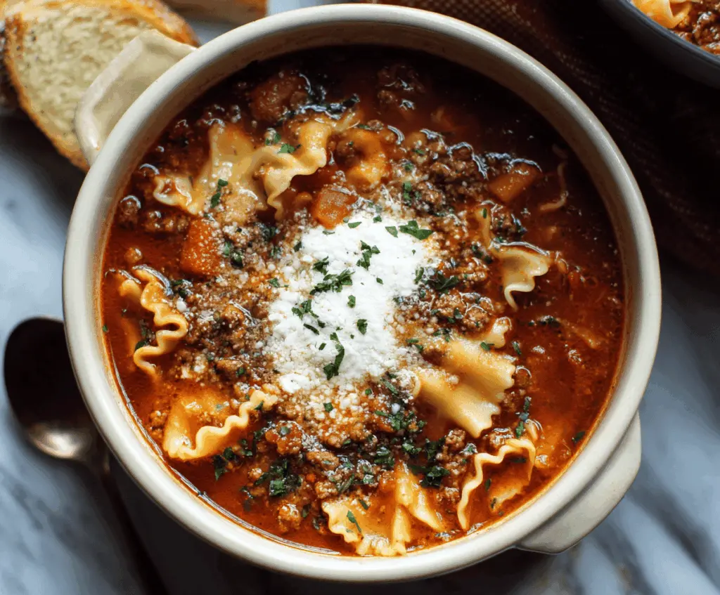 Hearty Ground Beef Lasagna Soup in a bowl with melted cheese, fresh herbs, and pasta noodles, ready to serve
