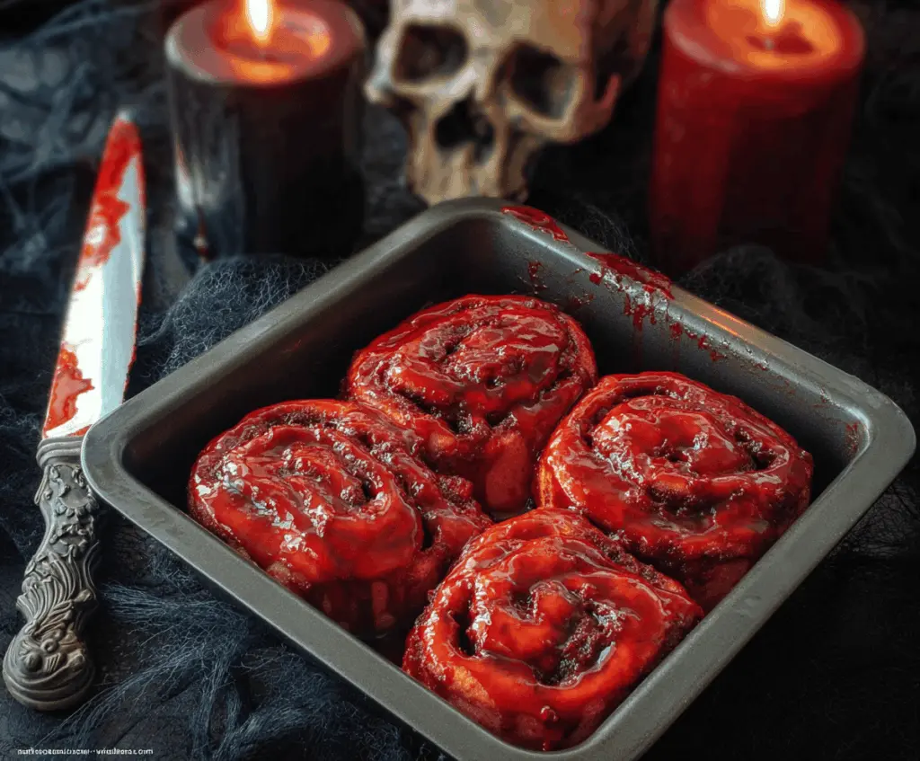 Spooky Halloween bloody cinnamon rolls with red icing and creepy decorations for a festive treat