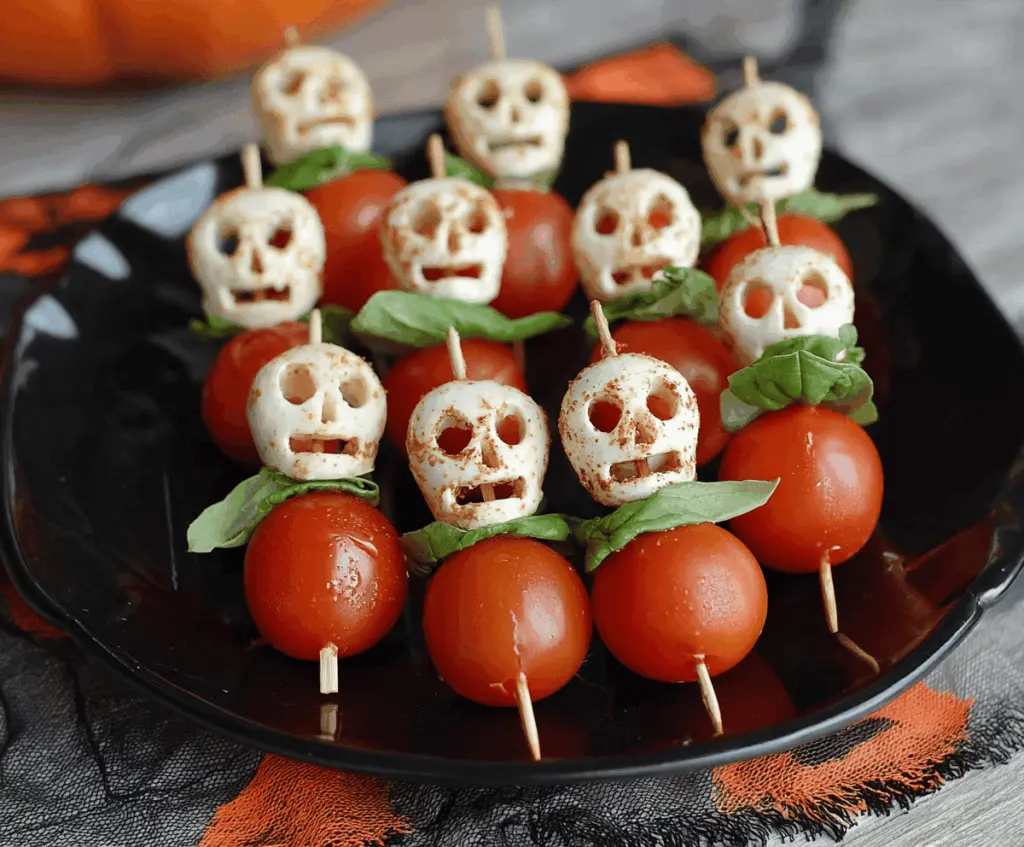 Colorful Halloween Caprese Skewers with cherry tomatoes, fresh mozzarella, basil leaves, and spooky Halloween-themed decorations perfect for festive appetizers