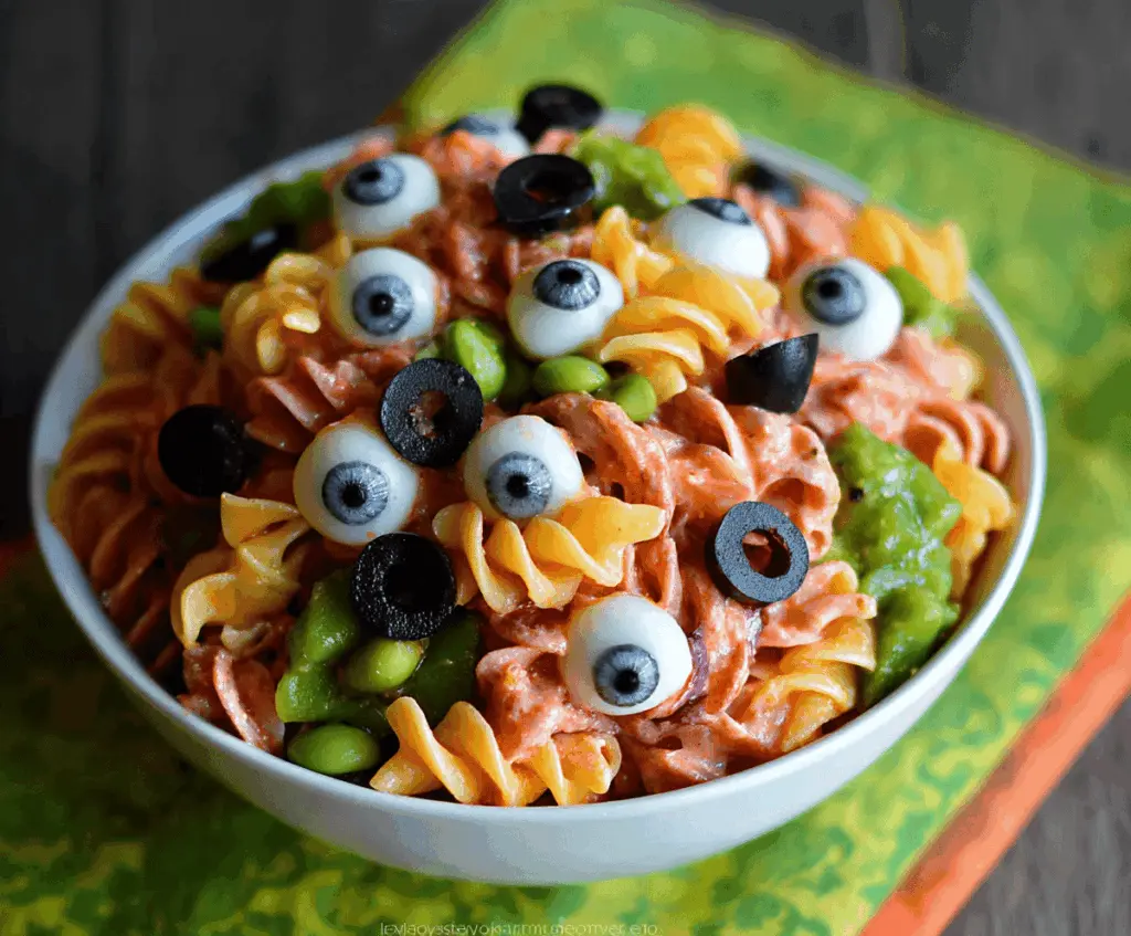 Colorful Halloween Eyeball Pasta Salad with green spinach noodles, cherry tomato "eyeballs" with black olive pupils, and festive spooky decorations on a white plate.