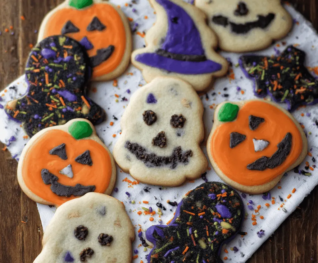 Delicious Halloween shortbread cookies decorated with spooky icing and festive Halloween themes on a spooky-themed plate.