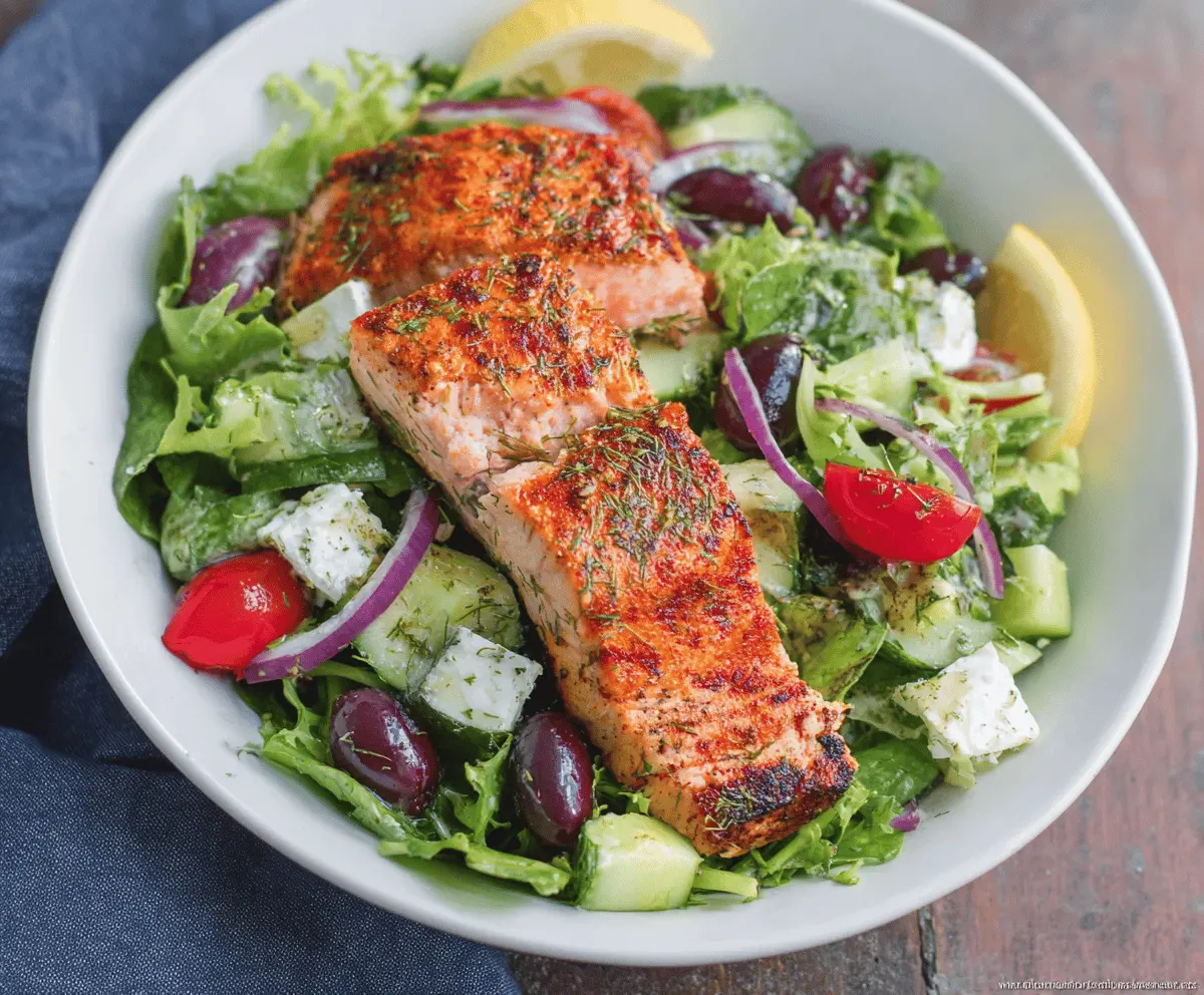 Fresh and healthy salmon salad with mixed greens, cherry tomatoes, cucumbers, and a lemon vinaigrette dressing on a white plate.
