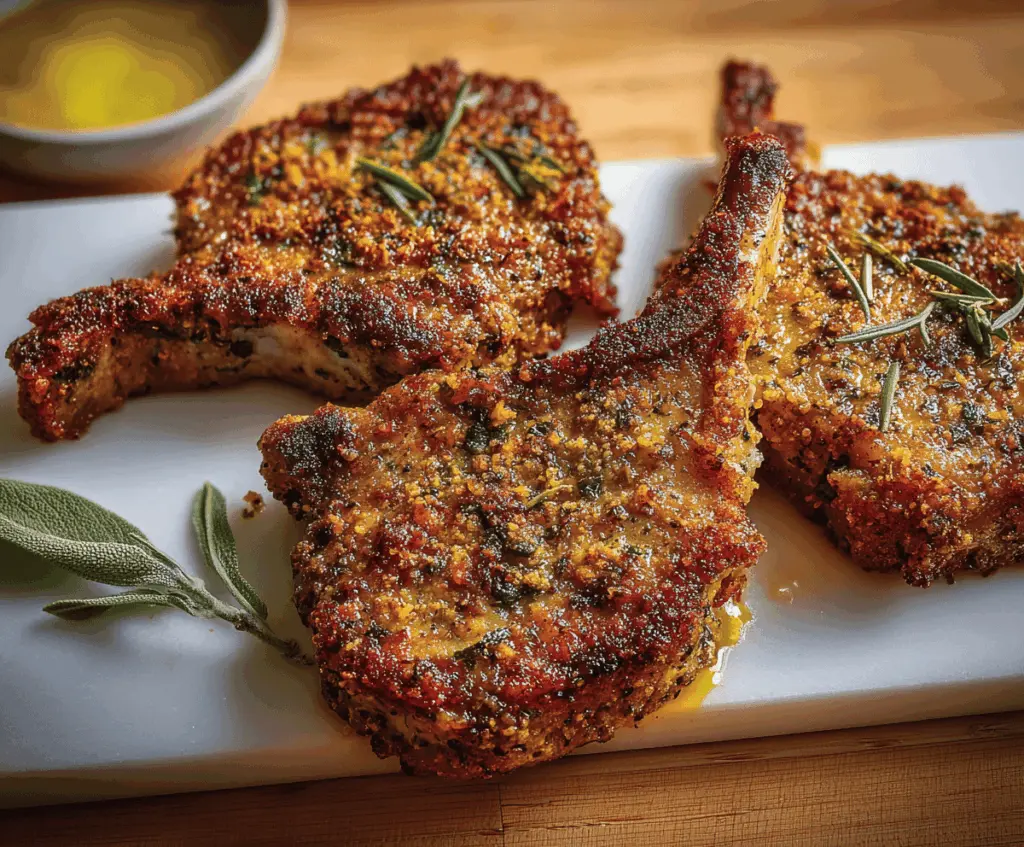 Juicy herb crusted pork chops garnished with fresh herbs on a serving plate, perfect for a flavorful dinner.