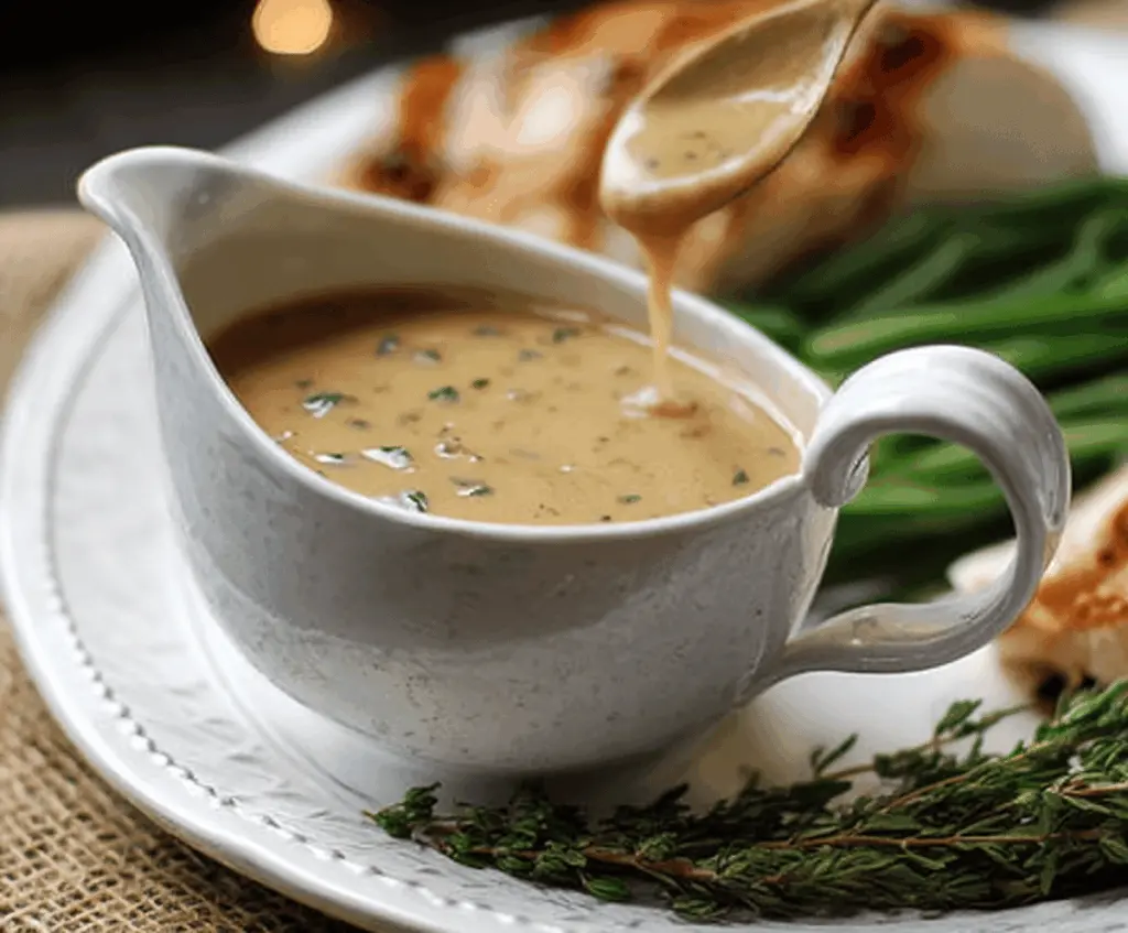 Delicious homemade herbed turkey gravy served in a white gravy boat, garnished with fresh herbs, perfect for holiday dinners
