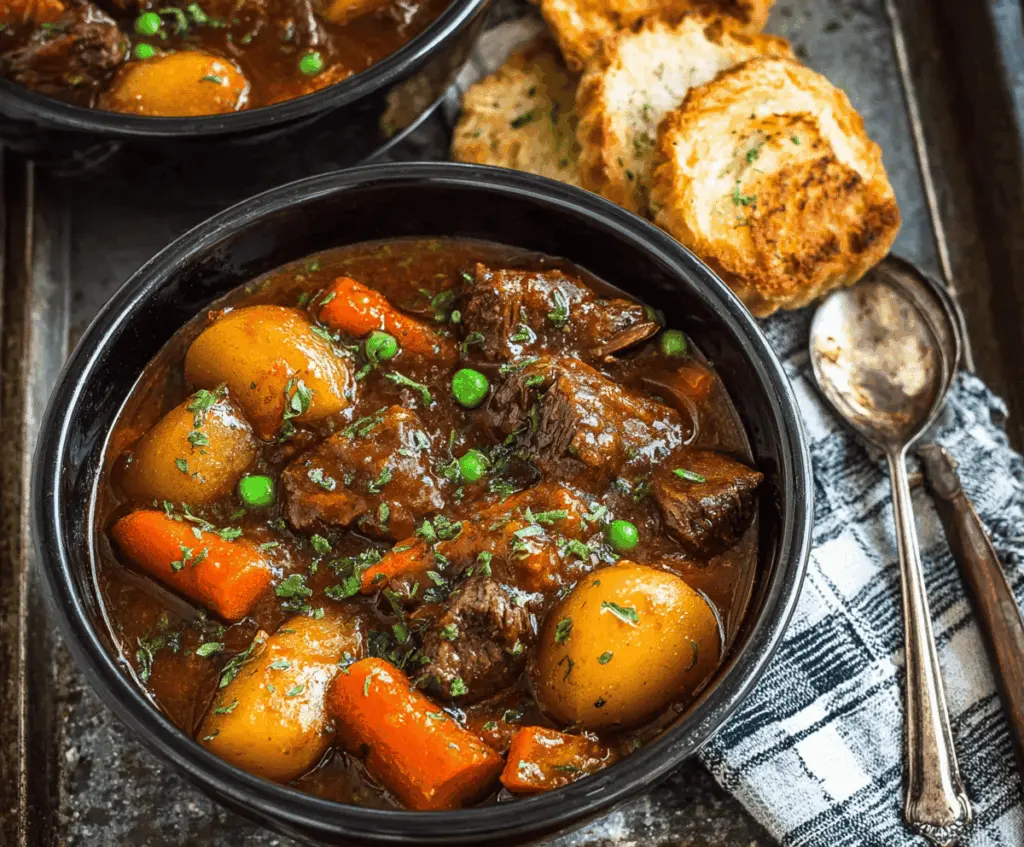 Hearty Instant Pot beef stew with tender beef chunks, vegetables, and rich gravy in a bowl