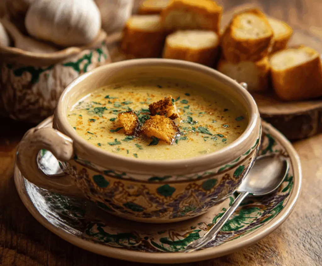 Creamy Italian Garlic Soup garnished with fresh herbs and crusty bread, served in a rustic bowl
