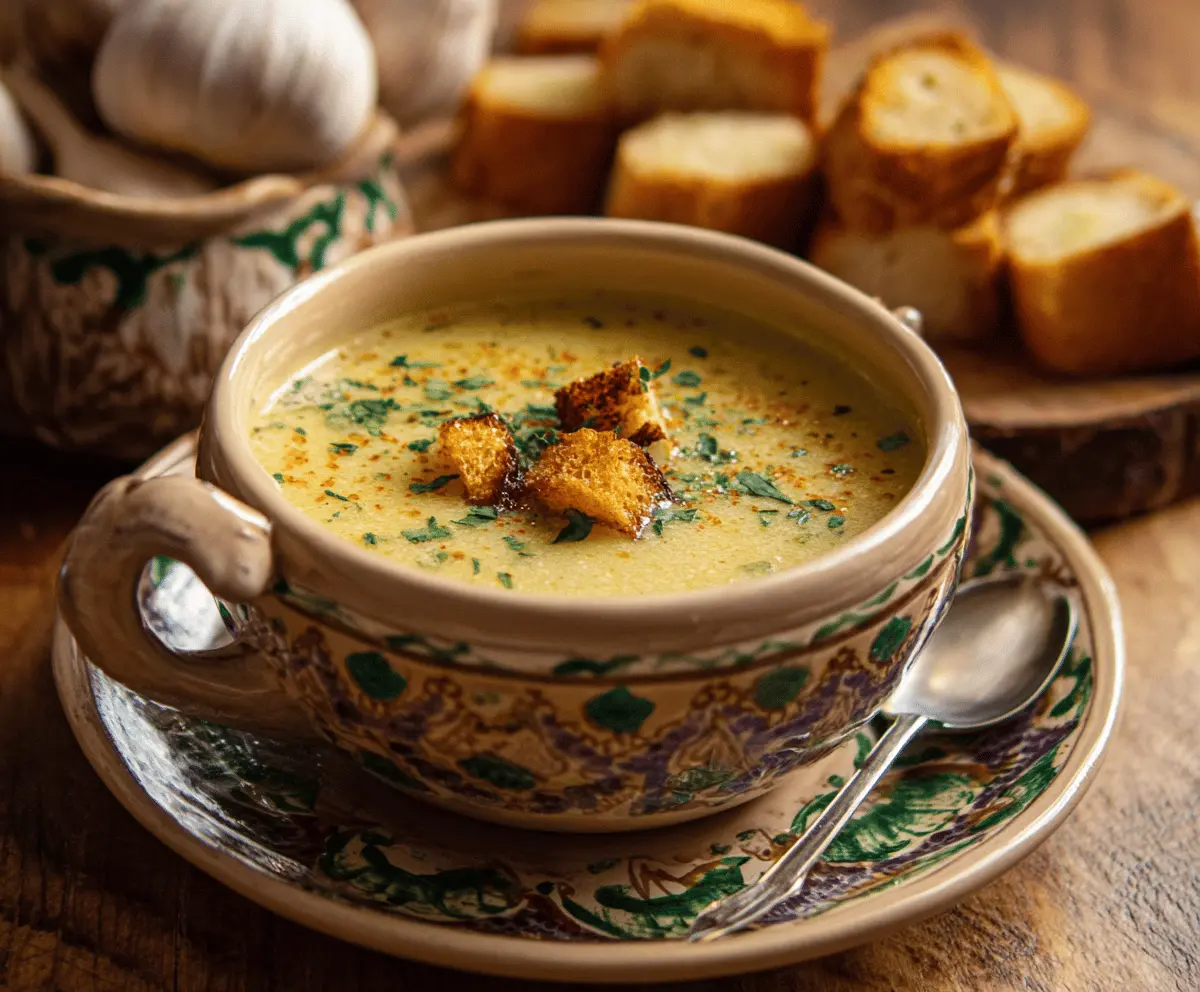 Creamy Italian Garlic Soup garnished with fresh herbs and crusty bread, served in a rustic bowl
