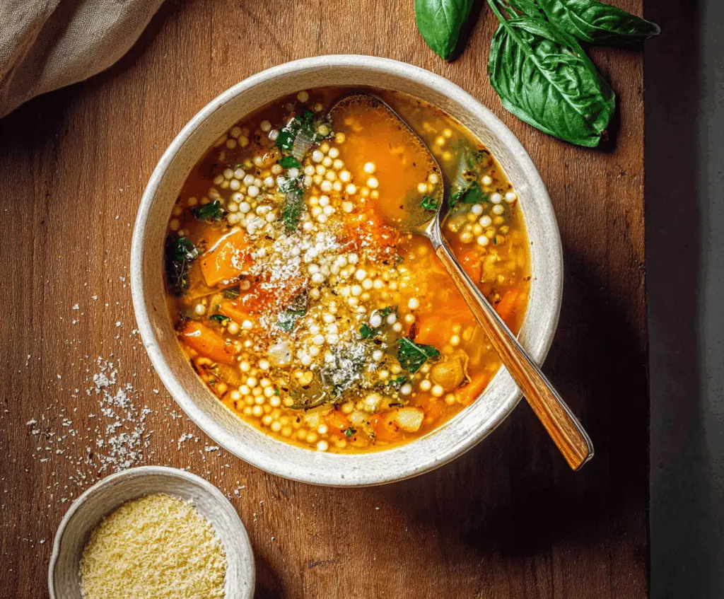 A bowl of comforting Italian Pastina Soup with small pasta, vegetables, and herbs, served in a white bowl on a rustic wooden table.