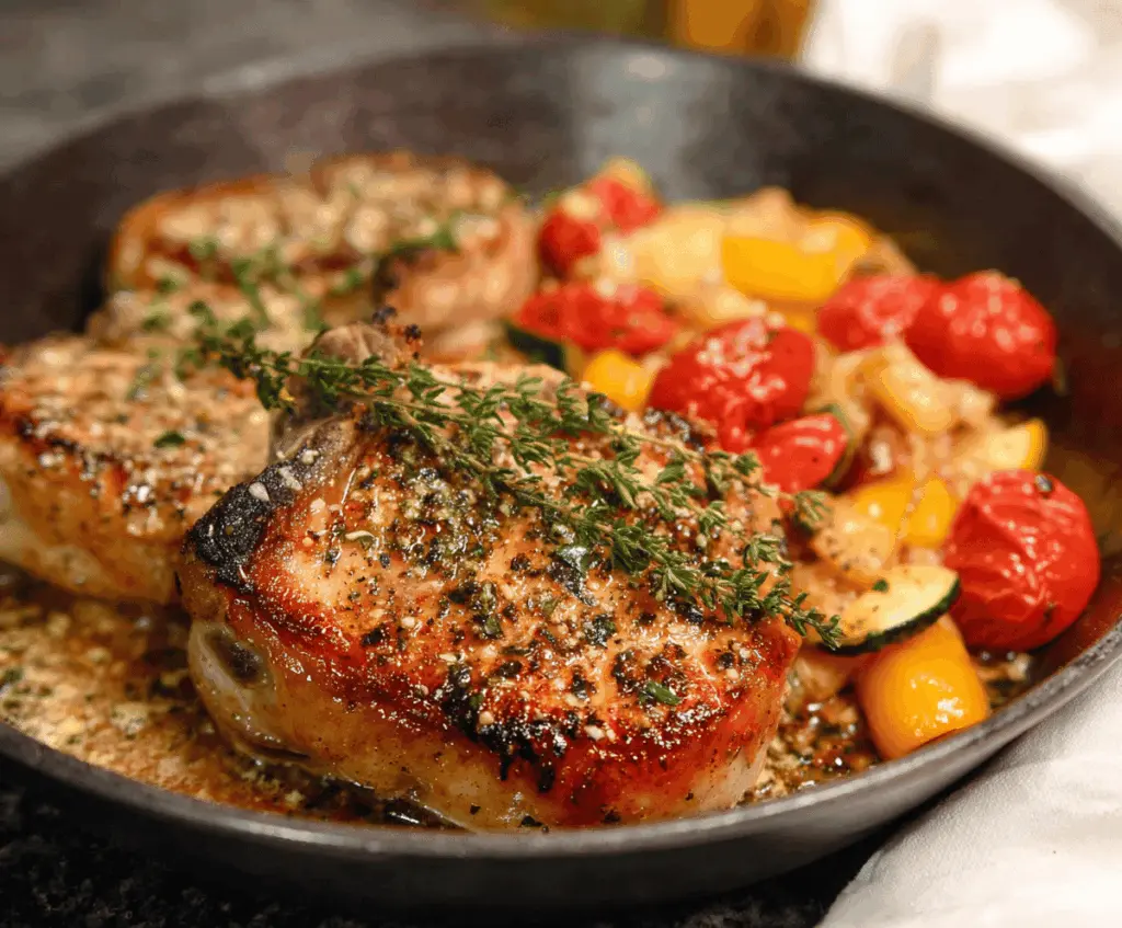Juicy Italian Pork Chops served with fresh herbs and vegetables on a rustic plate, perfect for a flavorful dinner