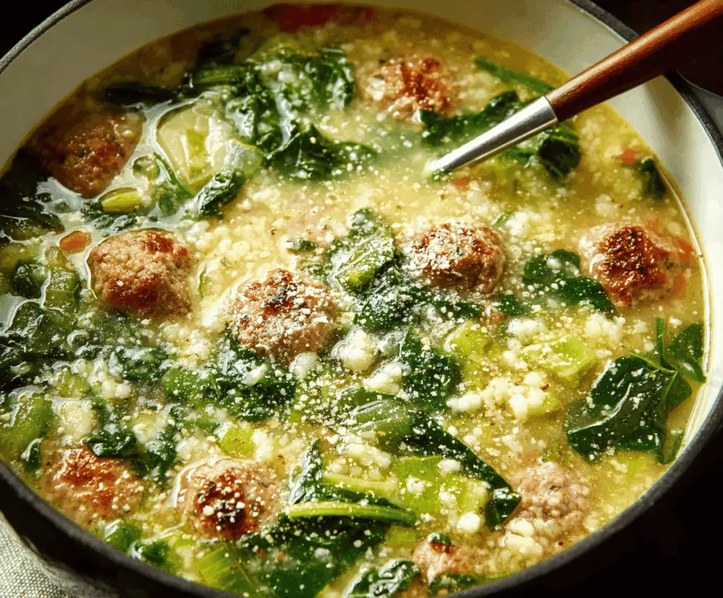 Delicious Italian Wedding Soup with meatballs, spinach, and pasta in a savory broth served in a bowl.