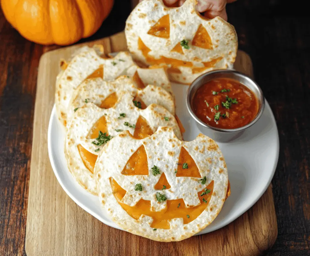 Delicious Jack O Lantern quesadillas with melted cheese and festive pumpkin face design on crispy tortillas, perfect for Halloween-themed meals.