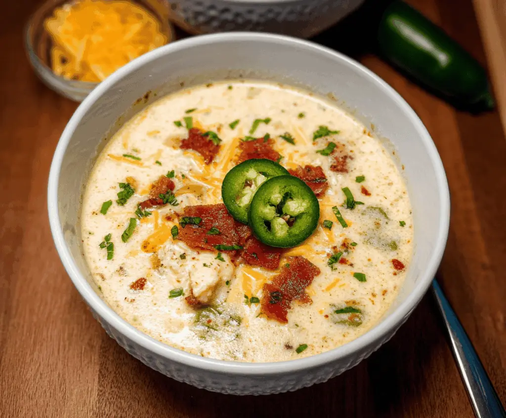 Creamy Jalapeno Popper Soup topped with crispy bacon and shredded cheese, garnished with fresh parsley and sliced jalapenos, served in a bowl.