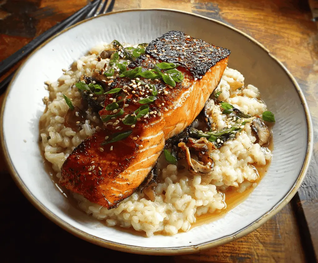 Creamy Japanese-style risotto topped with perfectly seared salmon fillet, garnished with green onions and sesame seeds for a flavorful and visually appealing dish.