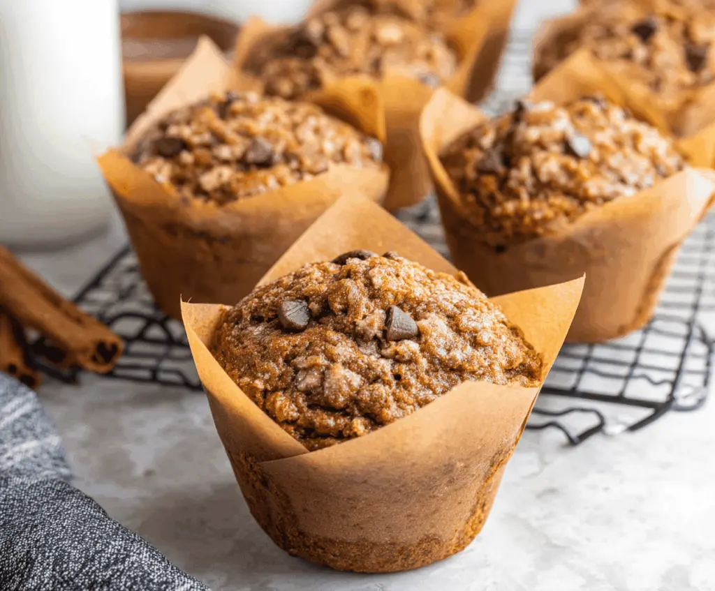 Delicious jumbo pumpkin banana muffins on a white plate, topped with a sprinkle of cinnamon, ready to enjoy.