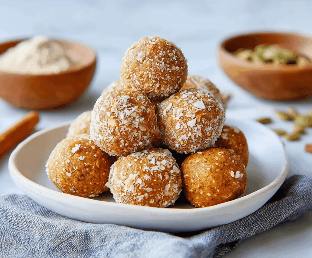 Keto cottage cheese pumpkin spice energy balls on a plate, healthy low-carb snack with pumpkin, cinnamon, and cottage cheese