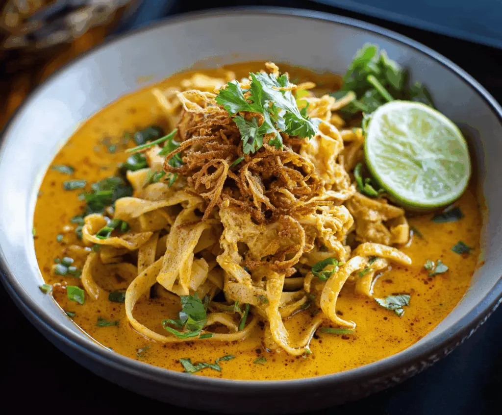 Delicious bowl of Khao Soi, Thai coconut curry noodle soup with chicken, garnished with lime, shallots, and cilantro
